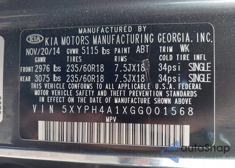 2016 Kia Sorento 2.0T Ex z USA, uszkodzony, nr VIN 5XYPH4A1XGG001568